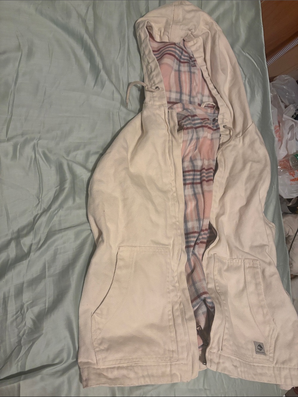 Women's Cream Hooded Jacket with Plaid Lining